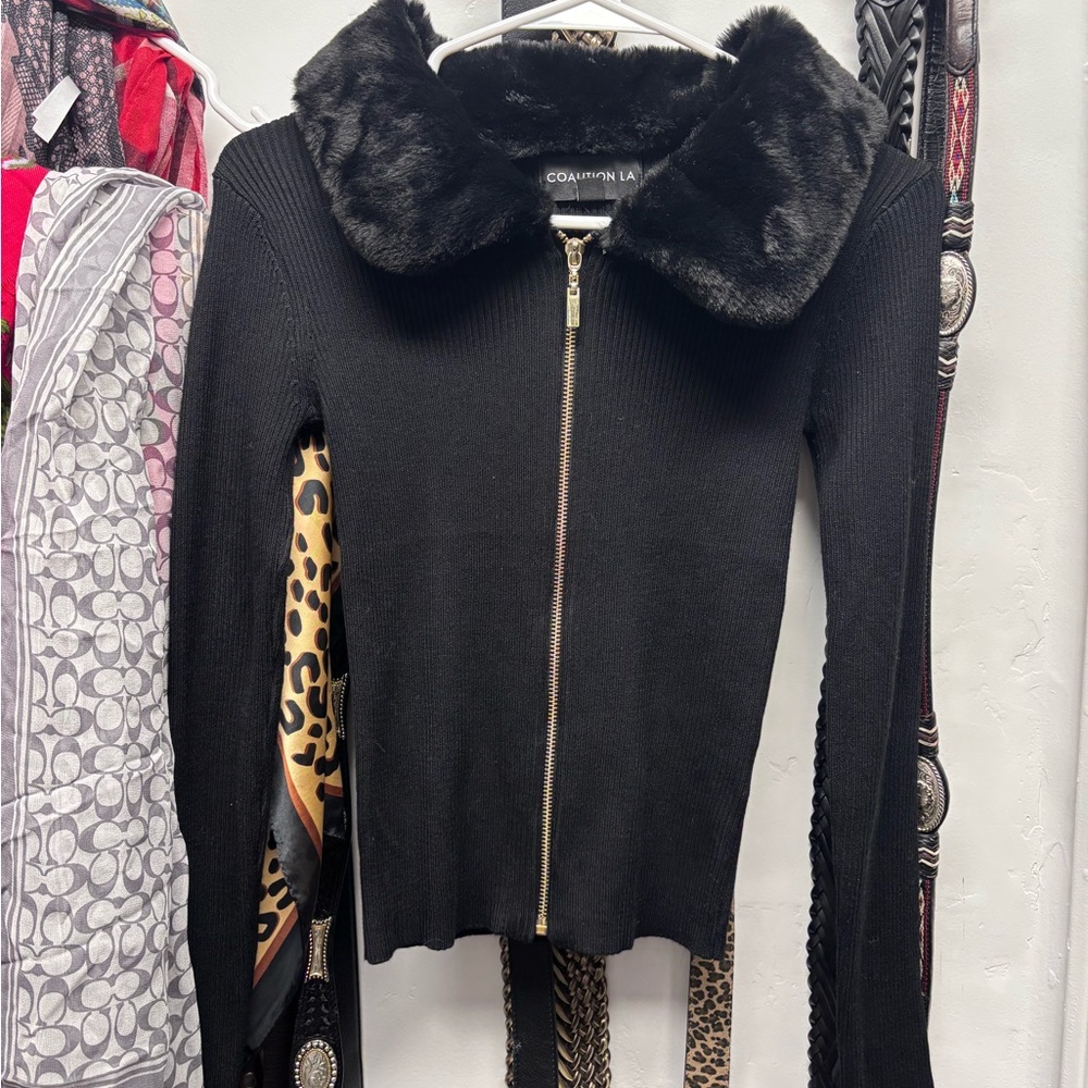 Coalition LA Black Faux-Fur Collar Zip Cardigan Sweater